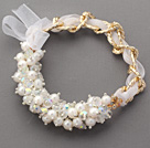 Fashion Style White Freshwater Pearl and Clear Crystal Bracelet with Yellow Metal Chain and White Ribbon