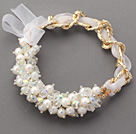 Wholesale Fashion Style White Freshwater Pearl and Clear Crystal Bracelet with Yellow Metal Chain and White Ribbon