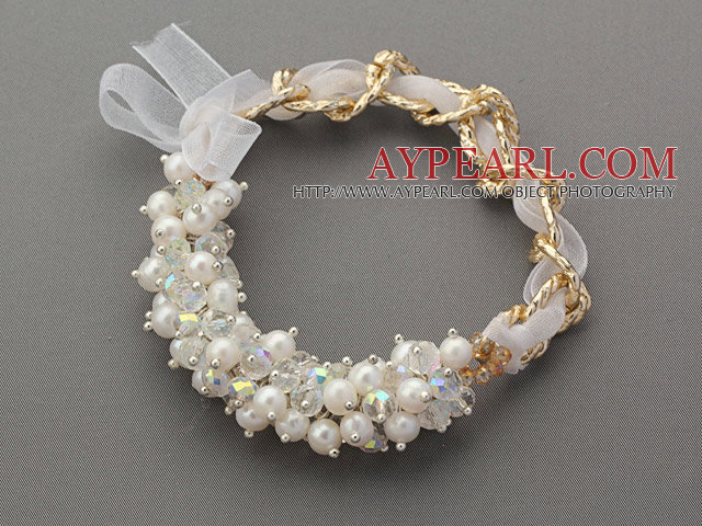 Fashion Style White Freshwater Pearl and Clear Crystal Bracelet with Yellow Metal Chain and White Ribbon