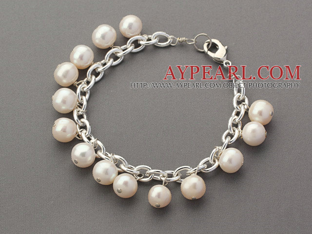 Мода Стиль 8-9мм белый круглый браслет перлы пресной воды с серебряной цепью Металл Цвет