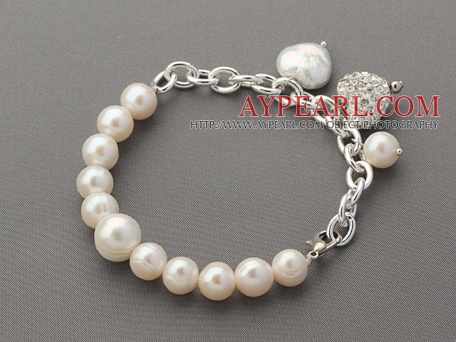 Bracelet Fashion Style Blanc ronde perles d'eau douce avec Argent chaîne en métal de couleur et de forme de coeur strass accessoires