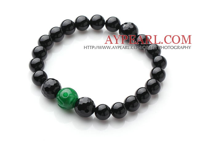 Single Strand Round Black Agate And Green Jade Elastic Bracelet