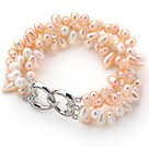 Trois rangées Blanc et bracelet rose a foré perles d'eau douce avec fermoir Forme de Coeur