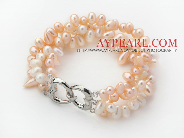 Three Rows White and Pink Top Drilled Freshwater Pearl Bracelet with Heart Shape Clasp