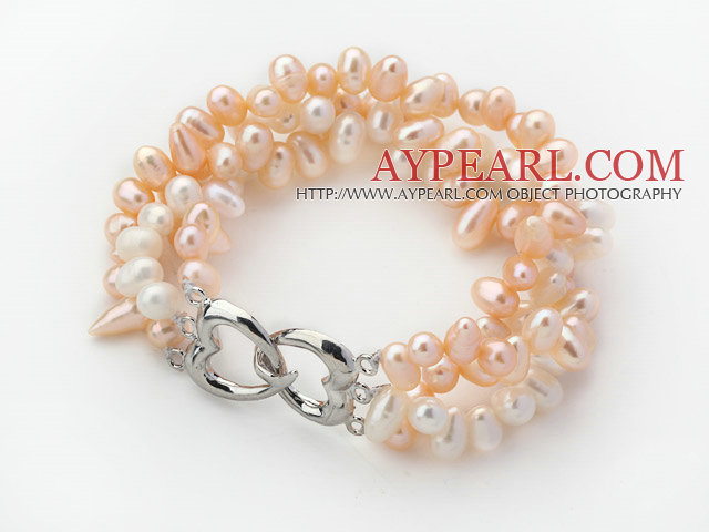 Tre Rader Vit och rosa Top Borrade Freshwater Pearl Armband med hjärta Shape Lås