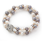 Dubbla rader vit och grå färg Sötvatten Pearl och Crystal Beaded Bracelet