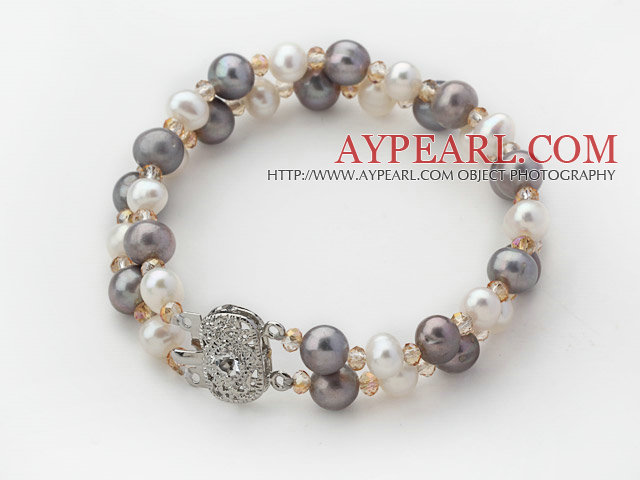 Double Rows White and Gray Color Freshwater Pearl and Crystal Beaded Bracelet