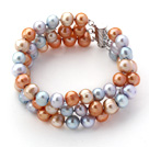 Tre rader Grå Blå og gylden farge Freshwater Pearl Beaded Bracelet