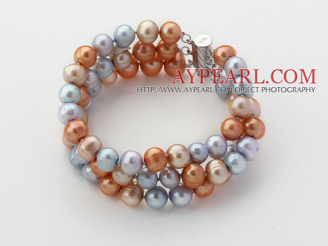 Trois lignes gris perle d'eau douce bleu et d'or Couleur bracelet perlé