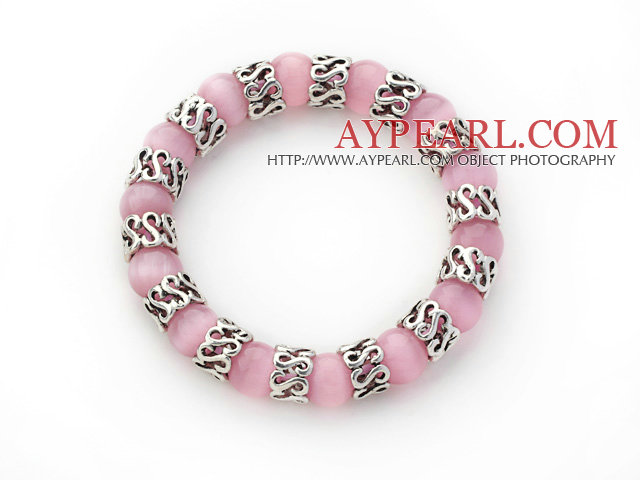 10mm Round Pink Cats Eye og Tibet Silver Spacer Ring Tilbehør Stretch Bracelet