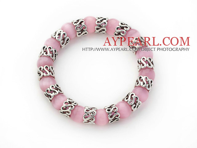 10mm Runda Rosa Cats Eye och Tibet Silver Spacer tillbehör ring Stretch Bracelet