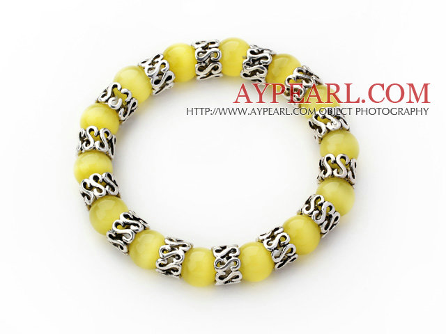 10mm Yellow Cats Eye und Tibet Silber Spacer Ring Zubehör Stretch-Armband