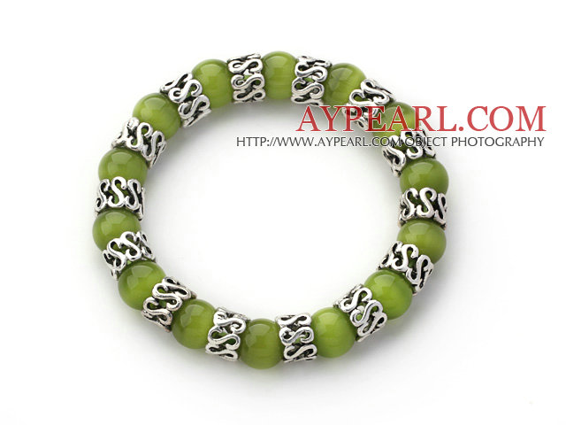 10mm Round Olive Green Cats Eye and Tibet Silver Spacer Ring Accessories Stretch Bracelet