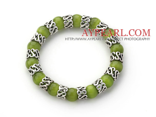 10mm Round Olive Green Cats Eye ja Tiibetin hopea välirengas Tarvikkeet Stretch rannerengas