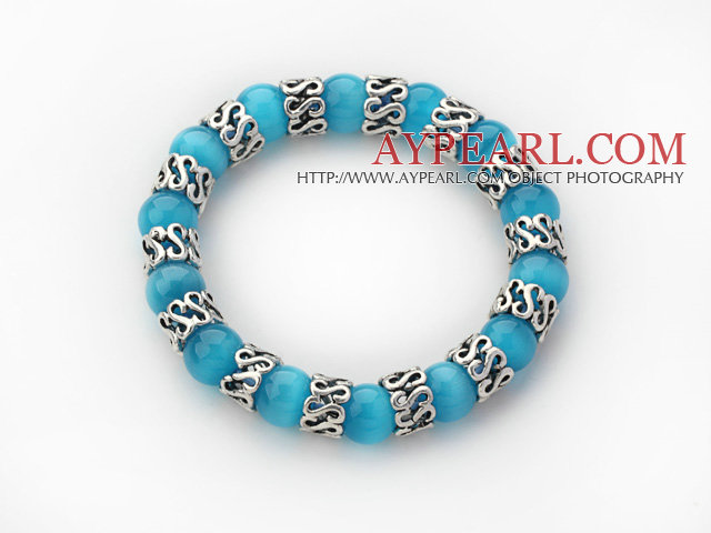 10mm Round Lake Blå Farge Cats Eye og Tibet Silver Spacer Ring Tilbehør Stretch Bracelet