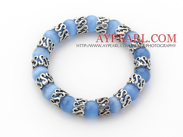 10mm Runda himmelsblå färg Cats Eye och Tibet Silver Spacer tillbehör ring Stretch Bracelet