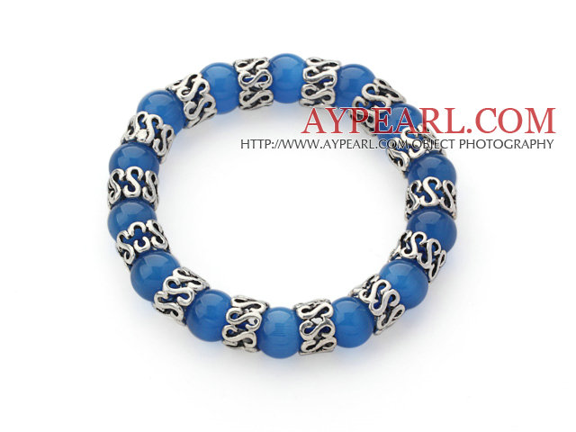 10mm Round Dark Blue Color Cats Eye and Tibet Silver Spacer Ring Accessories Stretch Bracelet