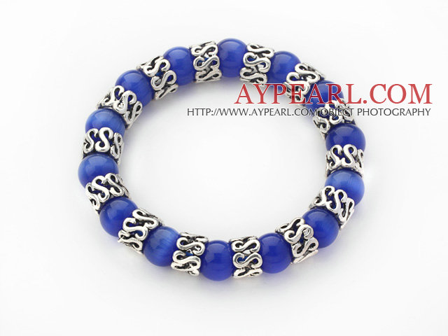 10mm Runda Sapphire Blue Color Cats Eye och Tibet Silver Spacer tillbehör ring Stretch Bracelet