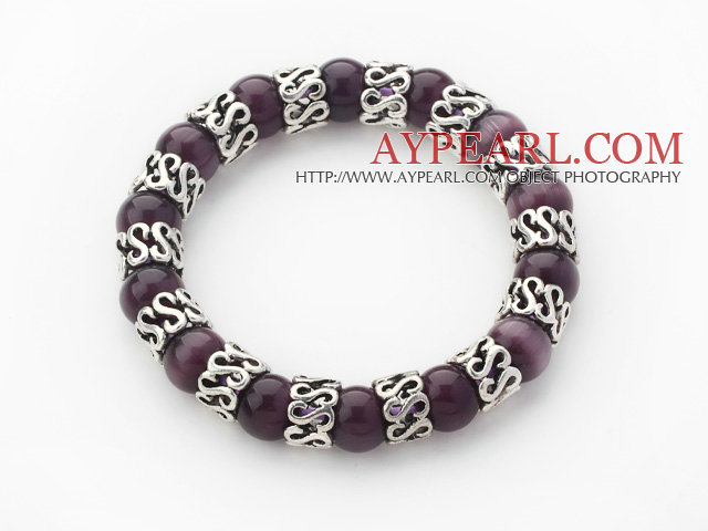 10mm Runda Dark Purple Cats Eye och Tibet Silver Spacer tillbehör ring Stretch Bracelet