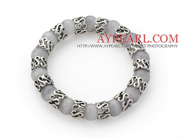 10mm Runda Gray Color Cats Eye och Tibet Silver Spacer tillbehör ring Stretch Bracelet