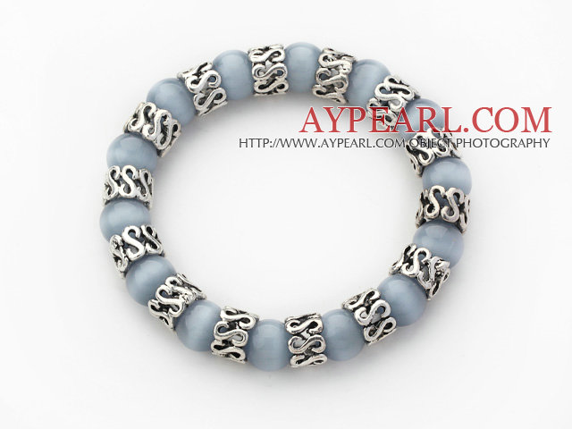 10mm Runda Svart Grå Cats Eye och Tibet Silver Spacer tillbehör ring Stretch Bracelet