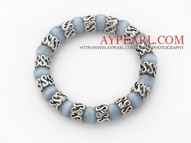 10mm rotund negru Gray Cats Eye și Tibet argint Spacer Inel Accesorii Stretch brățară