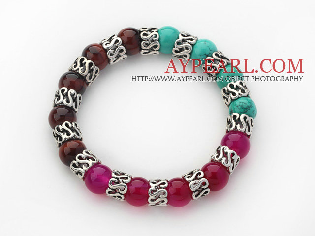 10mm Round Tiger Eye and Turquoise and Pink Agate and Tibet Silver Spacer Ring Accessories Stretch Multi Color Bracelet