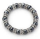 10mm Round Faceted Black Hematite and Tibet Silver Spacer Ring Accessories Stretch Bracelet