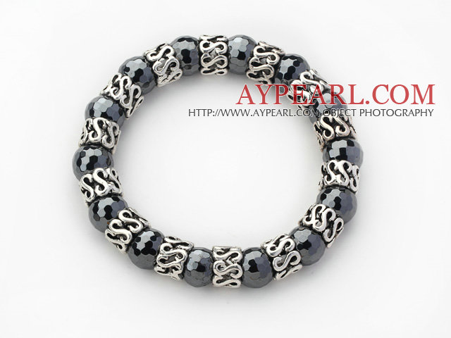 10mm Round Faceted Black Hematite and Tibet Silver Spacer Ring Accessories Stretch Bracelet