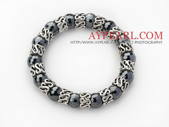 10mm Round fasettert svart hematitt og Tibet Silver Spacer Ring Tilbehør Stretch Bracelet