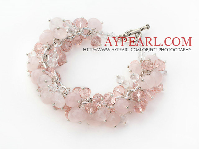 Pink Color Assorted Rose Quartz Chips Bracelet with Silver Color Metal Chain