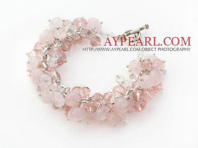 Rosa farge assortert Rose Quartz Chips armbånd med sølv farge Metal Chain