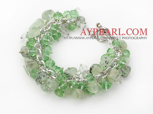 Light Green Color Assorted Light Crystal and Prehnite Chips Bracelet with Silver Color Metal Chain