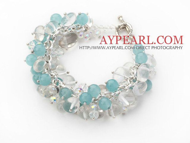 Light Blue Series Assorted Clear Crystal and Blue Jade Bracelet with Silver Color Metal Chain
