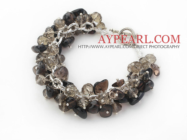 Assorted Natural Smoky Quartz Chips Bracelet with Silver Color Metal Chain