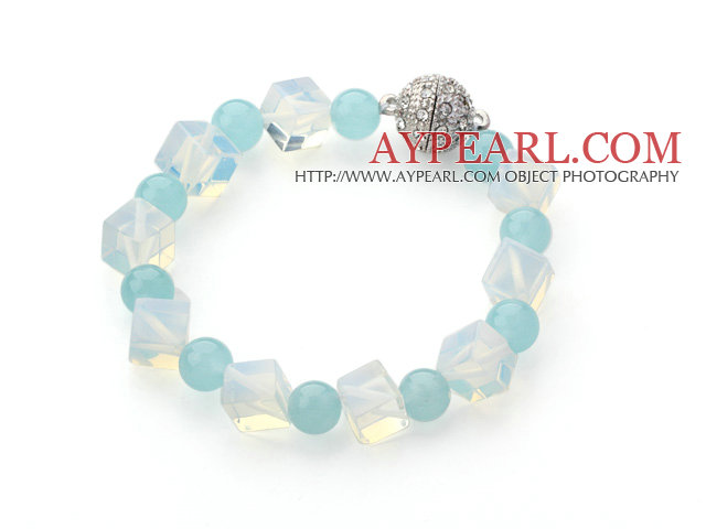 Cube Shape Opal Crystal and Round Blue Jade Bracelet with Magnetic Clasp