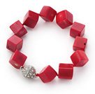 Cube Shape 12mm Red Coral Knotted Bracelet with Magnetic Clasp