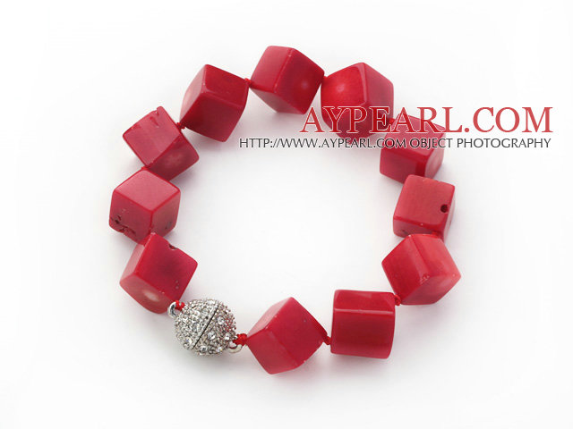 Cube Shape 12mm Red Coral Knotted Bracelet with Magnetic Clasp