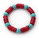 Assorted Wheel Shape Red Coral and Round Turquoise Stretch Bracelet