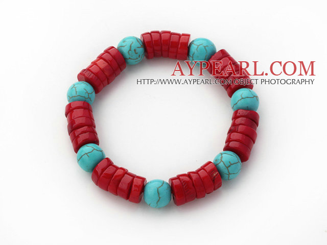 Assorted Wheel Shape Red Coral and Round Turquoise Stretch Bracelet