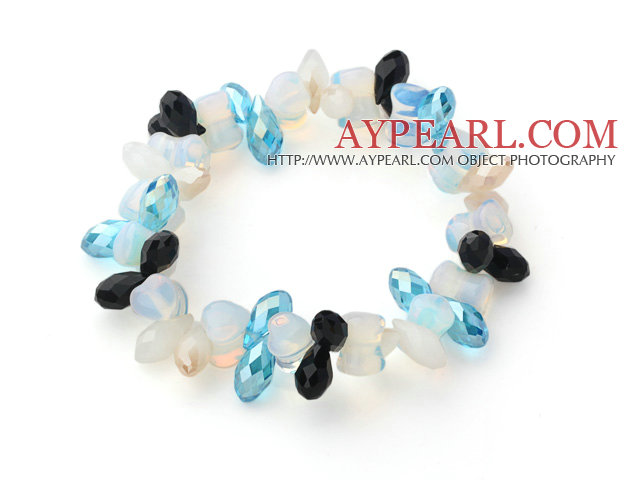 Blue Long Drop Crystal and Heart Shape Milky Color Opal Crystal Stretch Bracelet