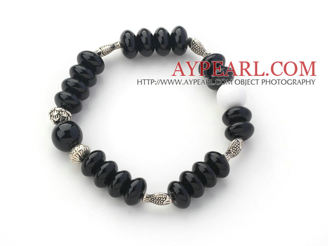 Abacus Shape Black Agate Stretch Bangle Bracelet with Tibet Silver Accessories