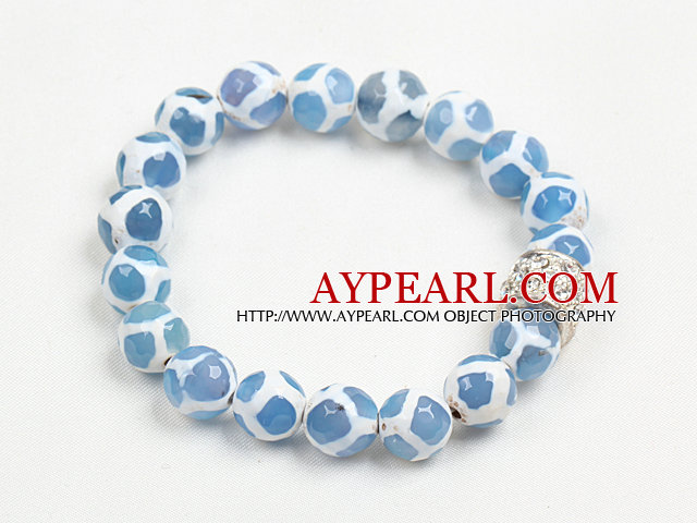 Fashion Blue White Hand-Painted Round Agate Beaded Elastic Bracelet