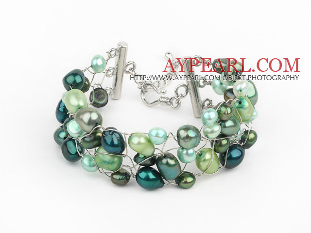 2013 Sommar Ny Design Grön Serie Freshwater Pearl Virkad Metal Wire armband med utdragbara kedja