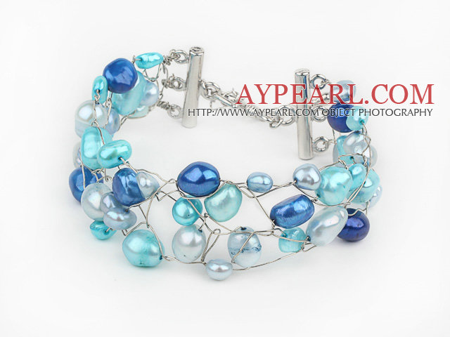2013 Sommar Ny design Blue Series Freshwater Pearl Virkad Metal Wire armband med utdragbara kedja