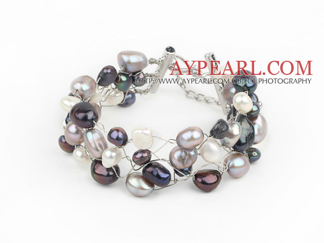 2013 Summer New Design Black Gray and White Freshwater Pearl Crocheted Metal Wire Bracelet with Extendable Chain