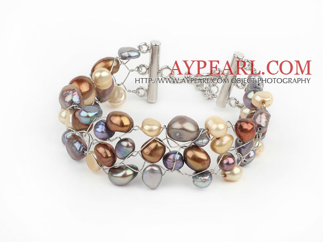 2013 Summer New Design Golden and Gray Color Freshwater Pearl Crocheted Metal Wire Bracelet with Extendable Chain