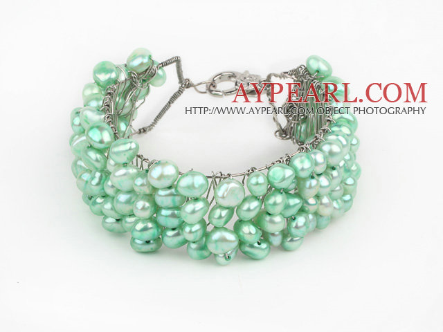 2013 Sommar Ny design ljusgrön färg Freshwater Pearl Virkade Metal Bracelet Wire Cuff