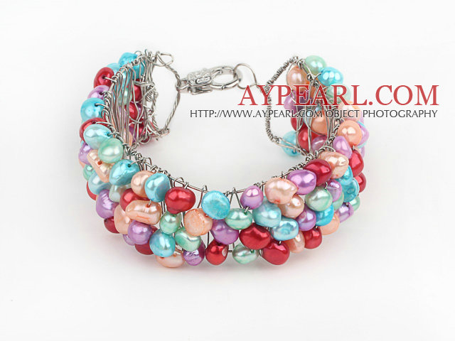 2013 Summer New Design Multi Color Freshwater Pearl Crocheted Metal Wire Cuff Bracelet