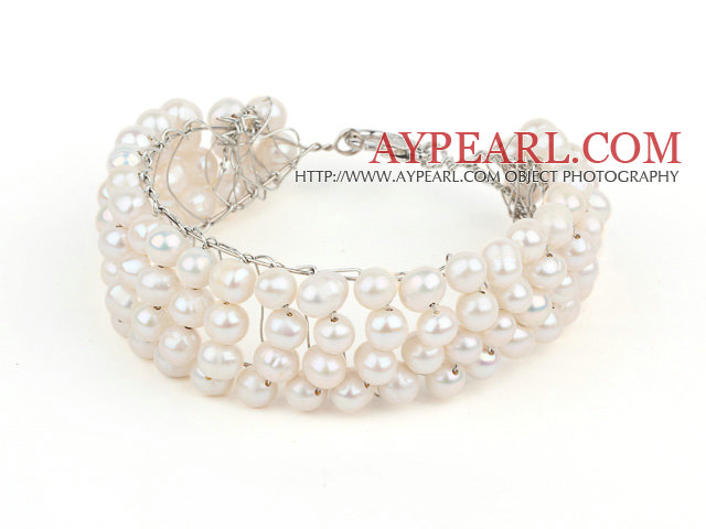 2013 Summer New Design White Freshwater Pearl Crocheted Metal Wire Cuff Bracelet